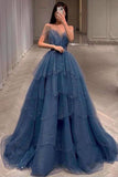 Gorgeous Blue Sparkly Tulle Beaded Prom Dress, Tiered Formal Gown with Rhinestone Party Gowns HZ0311