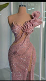 Glitter Mermaid One Shoulder Pink Sequin With Pleated Slit Long Prom Dresses Formal Gown Inspo Evening Outfit HZ0311