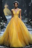 Elegant Ball Gown V Neck Yellow Tulle Evening Women Party Dresses Long Formal Prom Dress 16 Birthday Gown HZ0311