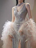 Glittery Sheath V Neck Sleeveless With Cape Tulle Slit Prom Dresses Inspiration Long Night Outfits 18th Birthday Outfits HZ0311
