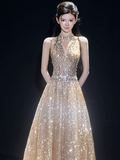 Princess A line Halter Gold Sequins Long Prom Dress Fashion Aesthetic For Teens Formal Dresses Party Outfits Prom Gown HZ0311