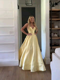Unique A line Spaghetti Straps Pale Yellow Satin Long Prom Dresses Formal Gown Inspo Evening Outfit HZ0311