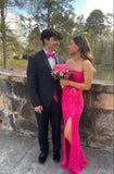 Elegant Mermaid Spaghetti Strap Hot Pink Sequin With Leg Slit Senior Teens Prom Dresses Evening Party Formal Gown 18th Birthday Gowns HZ0311