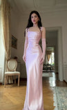 Simple Mermaid Square Neck Pink Satin Prom Dresses Long Evening Formal Gown Wedding Party Gowns HZ0311