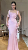Simple Mermaid Square Neck Pink Satin Prom Dresses Long Evening Formal Gown Wedding Guest Party Gowns HZ0311