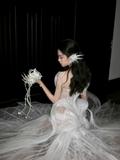 Princess Wedding Dresses Mermaid One Shoulder Lace Tulle White Brides Dress For Brides Fitted Long Bridal Gowns HZ0311