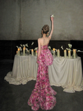 Modest Mermaid Hot Pink Strapless Floral Prom Dress Aesthetic Long Graduation Dance Evening Outfits HZ0311