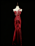 Vintage Fashion Night Aesthetic Mermaid One Shoulder Burgundy 80s 70s 90s College Formal Outfit Long Prom Graduation Dresses HZ0311