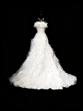 Vintage 80s Wedding Dresses Mermaid Strapless Tulle White Ruched Layers Long Brides Dress Fitted Bridal Gown HZ0311