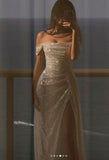 Beige Off Shoulder Mermaid Sequin Long Prom Dresses Elegant Evening Gowns with Slits HZ0311