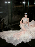 Sexy Mermaid High Neck Silver Sequin Wedding Dress With Beaded Fairytale Brides Gown Wedding Dresses HZ0311