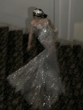 Luxurious Wedding Dresses Mermaid Scoop Neck With Beads Gem Silver Sequin Brides Dress For Brides Fitted Bridal Gown HZ0311