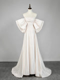 Princesses Elegant A Line Off The Shoulder Ivory Satin Wedding Gown Long Fairytale Summer Wedding Dresses HZ0311