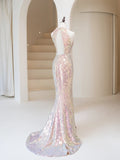 Simple Mermaid Scoop Sequin Long Prom Dresses With Bow Formal Gowns Inspo Evening Outfit HZ0311