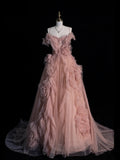 Modest Ball Gown Spaghetti Strap Pink Tulle Long Formal Evening Dress Gowns Formal Prom Dresses HZ0311