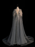 Modest A Line V Neck Grey Tulle Prom Dresses With Beaded Bodice Inspiration Party Gowns Princess Formal Dress HZ0311