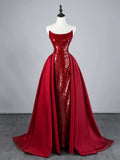 Modest Mermaid Strapless Wine Red Sequin With Ruffle Train Bodice Long Prom Dresses Night Formal Dresses HZ0311