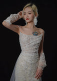 Romantic Long Wedding Dresses White Mermaid Strapless Lace Long Wedding Dress For Brides Fitted With Train Bridal Gowns HZ0311