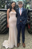 Shiny Blush Pink Sequins Mermaid Spaghetti Straps Long Beaded Prom Dress Party Gowns HZ0311