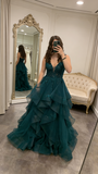 Classy Ball Gown V Neck Dark Green Tulle Appliques Prom Dresses Party Dress Long Evening Dresses HZ0311