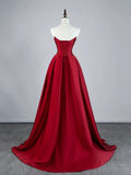 Sparkly Mermaid Strapless Burgundy Sequin Pleated With Train Satin Long Prom Dresses Formal Gowns HZ0311