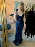 Elegant Mermaid Spaghetti Straps Navy Blue With Lace Long Prom Dresses Vestidos De Dia HZ0311