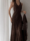 Vintage Mermaid Sleeveless Halter Brown Lace Long Prom Dresses Aesthetic For Senior Teens Party Outfits Prom Gown HZ0311