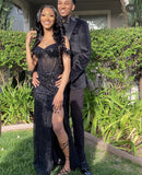 Sparkly Mermaid Off The Shoulder Slit Black Sequin For Black Girls Women Long Formal Prom Evening Dresses Dinner Outfits Party Gowns HZ0311