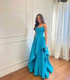 Modest Graceful Blue Strapless Sleeveless Prom Dress Prom Gown HZ0311