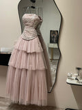 Ball Gown Strapless Tiered Ruffled Tulle Long Prom Dress Pink Evening Dresses Sweet 15 16 Gown HZ0311