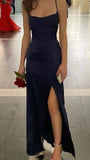 Unique Sheath Spaghetti Straps Royal Blue Slit Long Prom Dresses Dark Blue Formal Gown Inspo Evening Outfit HZ0311
