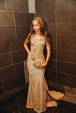 Gorgeous Mermaid Prom Dresses Gold Sequin Beaded Crystals Long Formal Evening Party Gown HZ0311