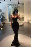 Sparkle Spaghetti Straps Black Mermaid V-neck Sequins Prom Evening Dresses HZ0311