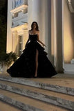 Sparkly Ball Gown Strapless Black Prom Dresses Fashion Evening With Slit Sequin Long Formal Party Gowns HZ0311