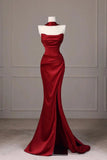 Simple Mermaid Strapless Satin Burgundy With Slit Formal Gowns Evening Maxi Prom Dress Bodycon For Women Party Outfits HZ0311