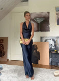 Chic Mermaid Halter Navy Blue Silky Satin Long Formal Fancy Prom Evening Dress Dinner Outfits Classy Party Gowns HZ0311