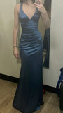 Modest Mermaid V Neckline Marine Ball Dresses Floor Length Formal Gowns Navy Blue Satin Long Prom Dresses Evening Gowns HZ0311