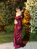 Sexy Mermaid Off The Shoulder Burgundy Satin Prom Dresses With Sleeves Party Dress Evening Dresses HZ0311