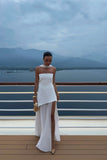 White Strapless Satin Chiffon Split Holiday Summer Prom Dress 18th Birthday Outfits HZ0311