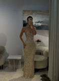 Elegant Mermaid Spaghetti Strap Champagne Beaded Bodycon Evening Women Party Dresses Long Formal Prom Dress 16 Birthday Gown HZ0311