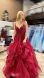 Chic Ball Gown Spaghetti Straps Burgundy Tulle Lace Long Prom Dress Evening Formal Gowns HZ0311