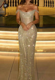 Modest Senior Prom Dresses High Schools Inspiration Mermaid Off The Shoulder Sequin Gold With Slit Semi Formal Grad Long Prom Dress For Teens HZ0311