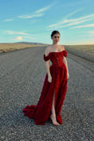 Simple A line Off The Shoulder Red With Split Long Formal Fancy Prom Evening Dress Dinner Outfits Classy Party Gowns For Black Girls HZ0311