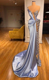 Modest Mermaid One Shoulder Blue Slit Beaded Long Prom Dresses Inspiration Evening Gowns For Women Formal Party Dress HZ0311
