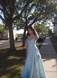Simple A line Spaghetti Straps Light Sky Blue Slit Party Dresses Prom Dresses Impress Wedding Guest Dress HZ0311