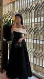 Women's Cocktail Party Gowns Satin A-line Celebrity Dress Black Off-the-shoulder Prom Dresses Online HZ0311