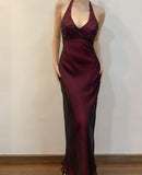 Vintage 90s Mermaid Halter Burgundy Tulle Long Formal Fancy Prom Evening Dress Dinner Outfits Classy Party Gowns HZ0311