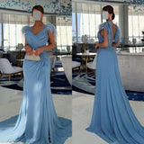 Modest Mermaid Sweetheart Blue Chiffon With Feathers Long Prom Dresses Inspiration Evening Gowns For Women Formal Party Dress HZ0311