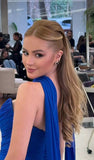Elegant A line Prom Dresses With Scarf Chiffon Pleated Ruffle Strapless Royal Blue Formal Evening Dress Party Gowns HZ0311