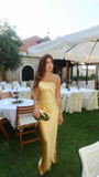 Simple Sheath Strapless Yellow Satin Long Prom Dresses Impress 18th Birthday Outfits Party Gown HZ0311